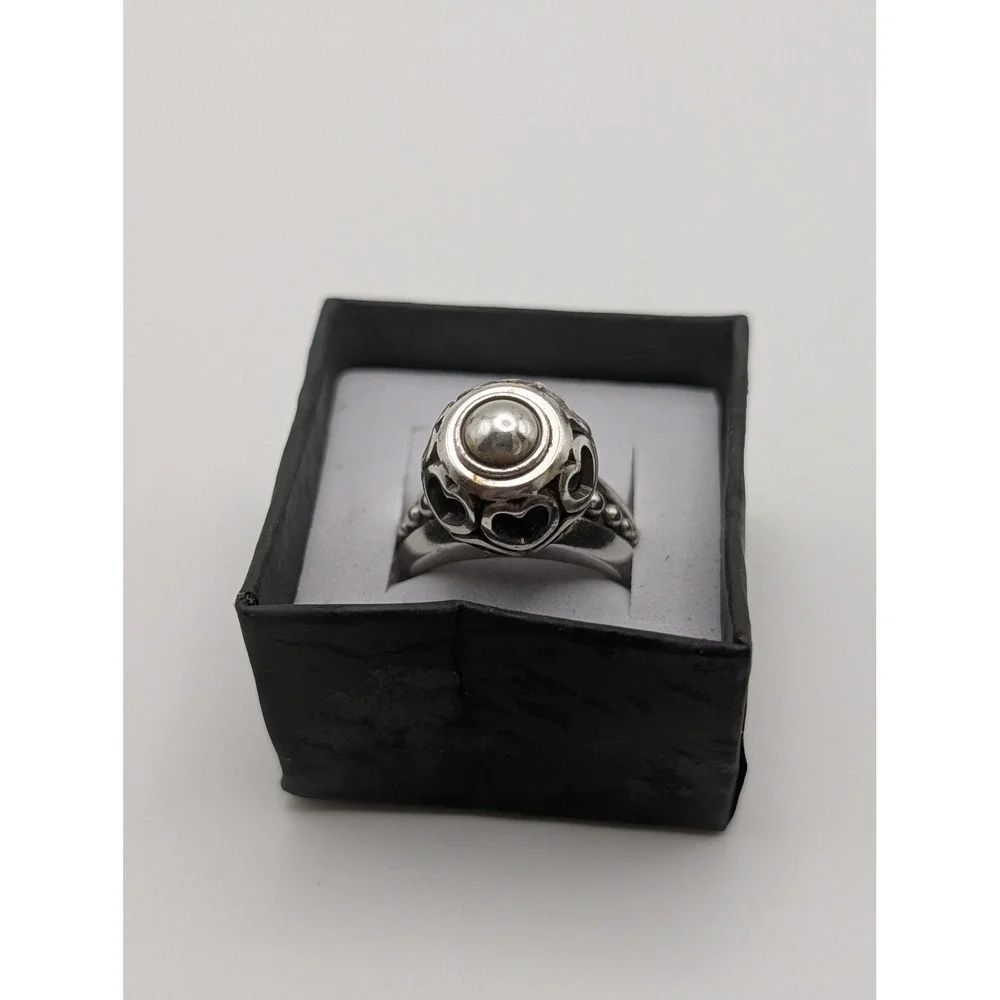 Brighton Silver Tone Swivel Heart Filigree Orb Statement Ring Size 6.5 with Box